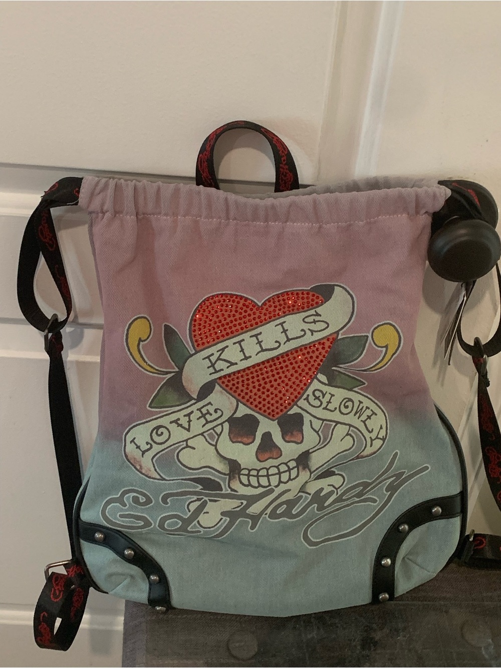 Ed Hardy Pink to Aqua Ombre Drawstring Backpack with Heart Skull Graphic